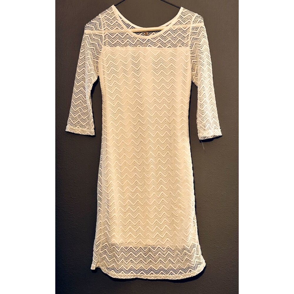 Fresh of LA Dress Women White Chevron Sheer Crochet 3/4 Sleeve Midi Size P Small